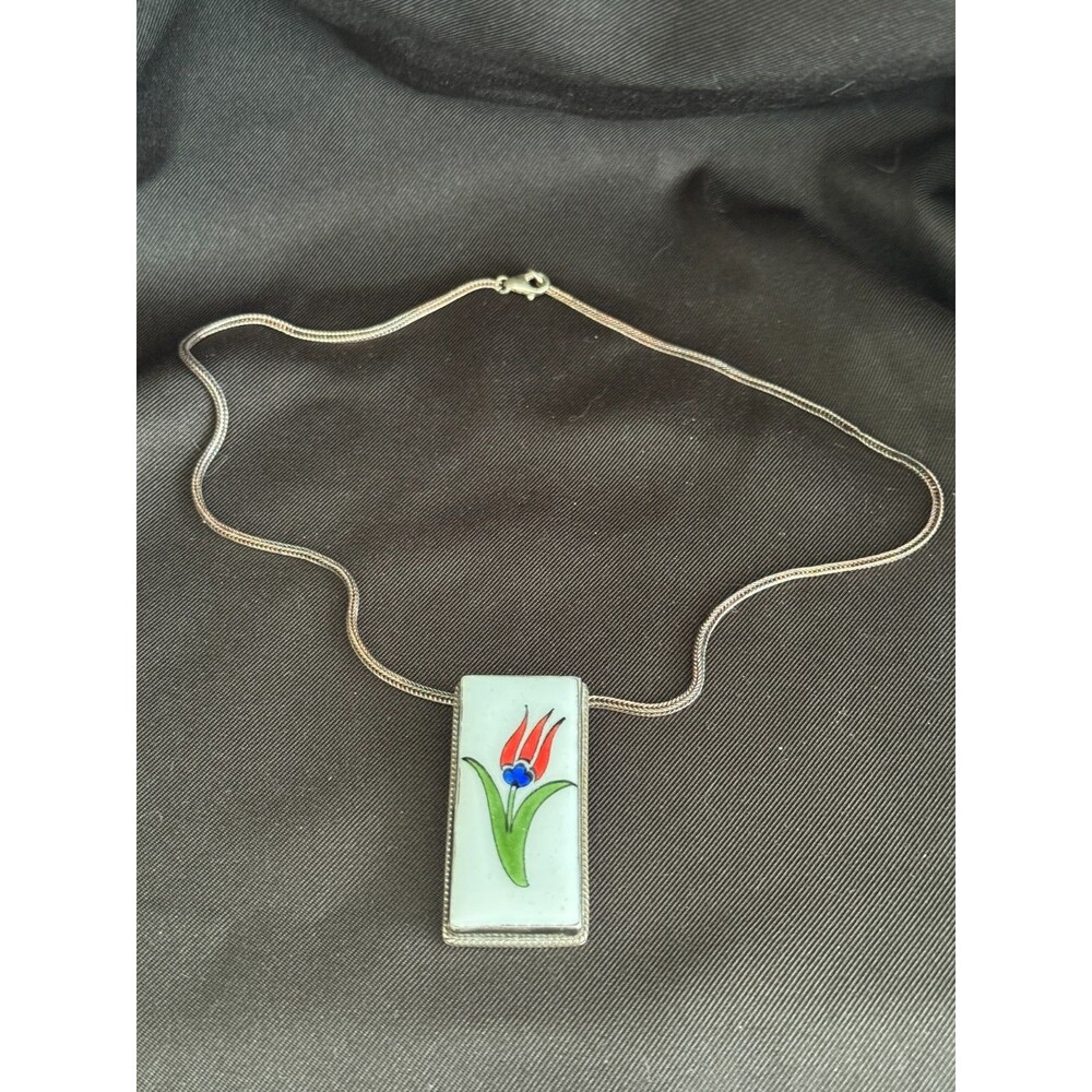 Turkish Ceramic Floral Tulip Tile Pendant Sterling Silver 925 Frame And Chain